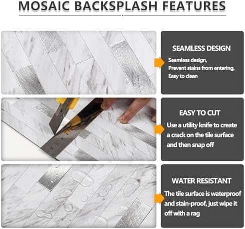 STICKGOO 2 Sheets Peel and Stick Backsplash Tile, Stick on Backsplash for Kitchen and Bathroom, White Marble Look PVC Mixed Metal Silver Self Adhesive Wall Tiles - Image 4