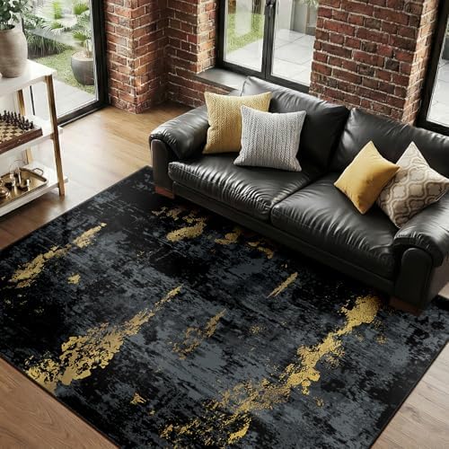 RELEANY Washable 4'x6' Abstract Area Rug for Living Room Black Gold - Image 2