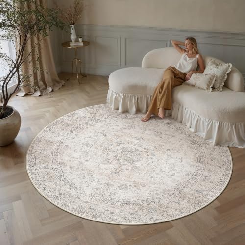 5R Washable Round Rug Beige Grey Non Slip Vintage Carpet by WondRg