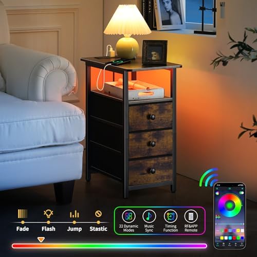 Yoobure End Table with Charging Station, LED Narrow Side Table Bedside Table, Small Night Stand End Tables Living Room, Skinny Nightstand with 3 Fabric Drawers, Side Tables Bedroom for Small Spaces - Image 4