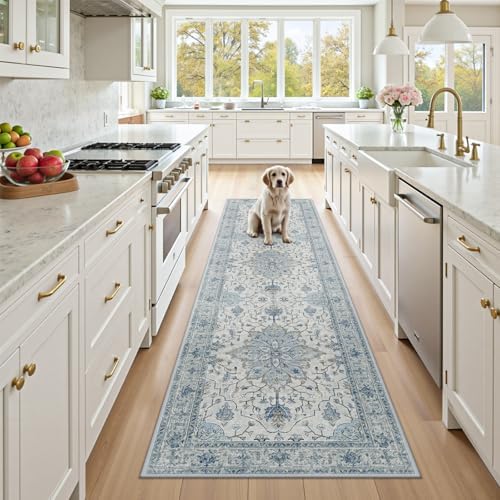 RELEANY Washable Area Rug, Runner 2'x7', Blue/White/Gray by RELEANY