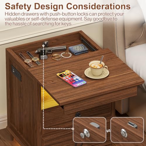 Yusong LED Night Stand with Gun Drawer, Bedside Table with Charging Station, Sofa Couch End Side Table with with 2 Drawers ＆Open Shelf for Bedroom, Brown - Image 3
