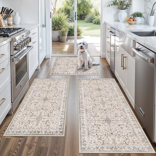 3-Piece Kitchen Rug Set of 3 with Runner – Non-Slip Washable Boho Kitchen Mats for Sink, Floor, Entryway & Hallway & Bathroom – Soft Small Throw Area Rugs, Home Decor (Beige,2x3+2x4+2x5) by BYYVOORugsforYourHome