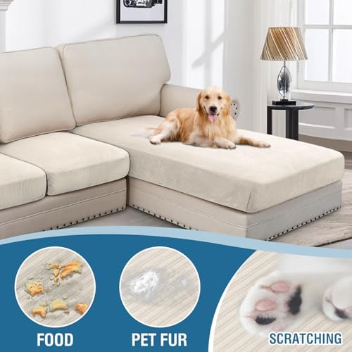 H.VERSAILTEX Velvet Stretch Sectional Couch Covers - 4 Piece Set, L Shape, Ivory Striped (Large Sofa 3 Seater + 1 Chaise) - Image 3