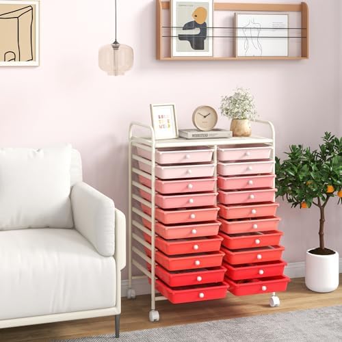 Giantex 20 Drawers Rolling Cart, Mobile Storage Drawer Cart, Classroom Organizer Cart for Office School Supplies Teacher Tools Paper Craft Small Printer, Utility Cart on Wheels, Gradient Pink - Image 2