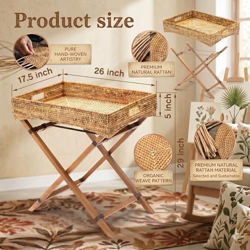BreezeHug Rattan Side Table with Removable Tray, Foldable TV Tray Table for Couch, Small Space Snack Tables for Living Room, Balcony & Bedroom, Lightweight Wooden Stand - Image 3