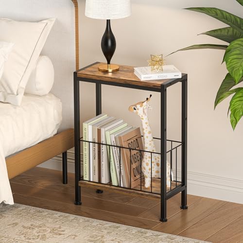 Narrow Side Table, Skinny End Tables with Magazine Holder, Small Sofa Table for Small Spaces, Space-Saving Design, Slim Nightstand Bedside Table for Living Room, Bedroom, Office, Rustic Brown - Image 6