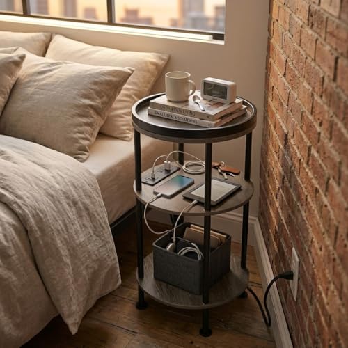 Small Round Side Table with Charging Station for Small Spaces, 3-Tier Accent Table with USB Ports & Power Outlets, Sofa Corner Tea Table for Living Room Nightstand Bedroom Apartment (Grey) - Image 2
