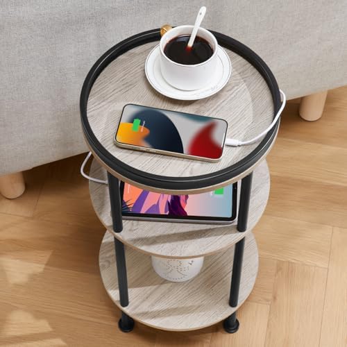 Small Round Side Table with Charging Station for Small Spaces, 3-Tier Accent Table with USB Ports & Power Outlets, Corner Tea Table Sofa Table for Living Room Nightstand Bedroom Apartment(USB,Oak) - Image 6