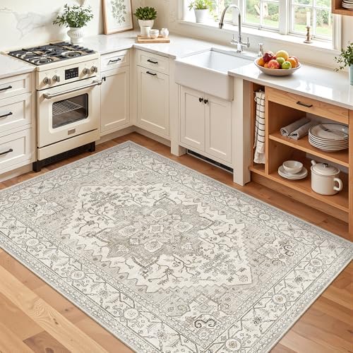 Madane Area Rug 3x5, Washable Vintage Entry Rugs for Bedroom, Beige/Brown - Image 3