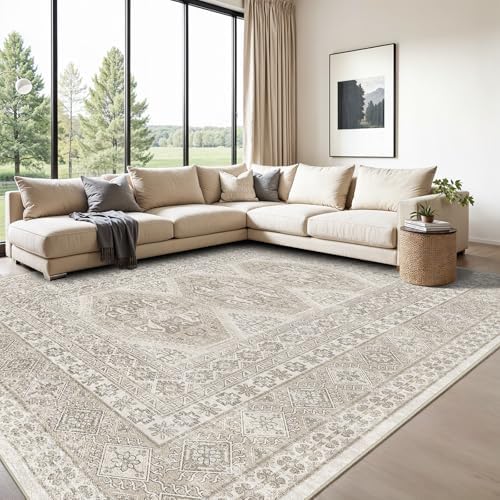 Ksrau 9x12 Area Rug Washable Vintage: Non Slip Living Room Large Rugs Beige by Ksrau