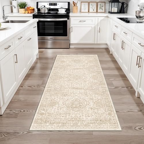 3x6 Washable Entryway Runner Rug – Non-Slip Wide Carpet Runner for Kitchen Hallway Bathroom, Neutral Vintage Distressed Low Pile Indoor Door Mat (Ivory Beige) - Image 2