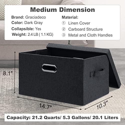 Graciadeco Medium 15" 21 Quart Collapsible Stackable Storage Bins with Lids, 5 Packs Dark Gray Foldable Fabric Closet Storage Boxes with Lids, Lidded Heavy-duty Linen Baskets(15x11x8) - Image 2