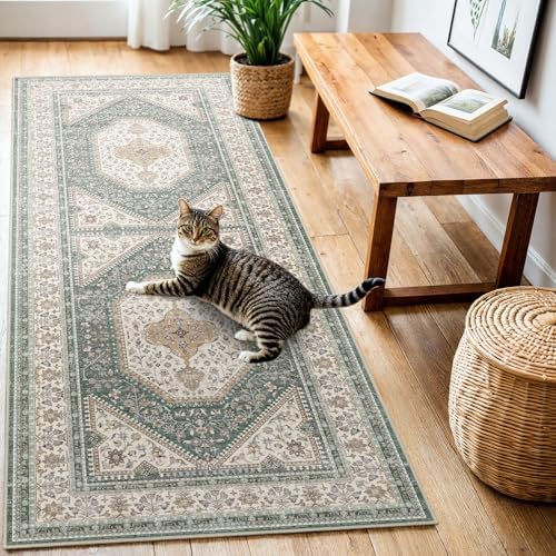 3x6 Washable Hallway Area Rug - Non-Slip Vintage Kitchen Rugs Green Beige by Puino