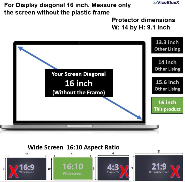 VizoBlueX - 16 inch Diagonal Blue Light Blocking Screen Protector Filter. Panel LED PC Laptop Anti-UV Eye Protection Panel Cover - Hanging Type Fits Apple MacBook Pro 16 (W 14" X H 9.1") - Image 2