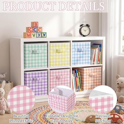 Yalikop 6 Pcs Colorful Gingham Cube Storage Bins, 11 Inch Fabric Checkered Classroom Storage Bins Organizer with Handle Preppy Collapsible Cubby Basket for Classroom Home Nursery Playroom Bedroom - Image 5