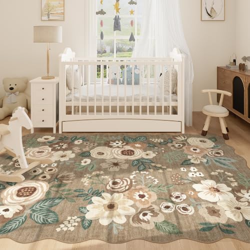 DUKINO 5x7 Area Rugs for Bedroom, Floral Washable Rug Non Slip, Light Taupe - Image 3