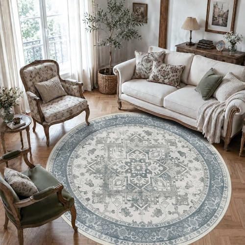 Blue Round Rug for Bedroom, Vintage Circle Rug(6ft) by Rugxara