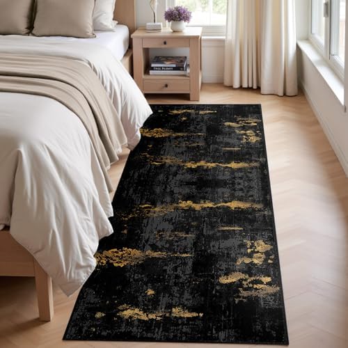 RELEANY Washable Runner 2'x6' Abstract Area Rug for Hallway Black Gold - Image 2