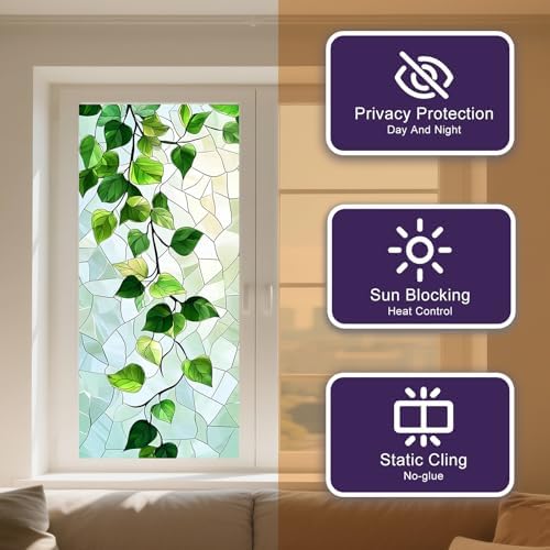 IVN Privacy Window Film Stained Glass Window Cling Green Leaf Design - Image 2