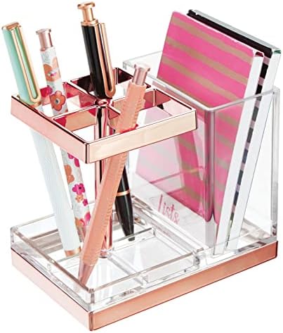 mDesign Plastic Toothbrush and Toothpaste Storage Organizer Holder - Home Decor for Bathroom Countertop - Holds Toiletries and Beauty Accessories - Lumiere Collection - Clear/Rose Gold - Image 6