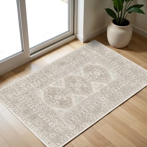 2x3 Area Rug Washable Vintage: Non Slip Throw Rugs for Entryway Floor Beige by Ksrau