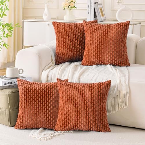 Set of 4 Burnt Orange Decorative Throw Pillow Covers 16x16 Inch Corduroy Pillow Covers for Bed Couch Sofa Living Room Soft Square Cushion Cases by Cozoomy