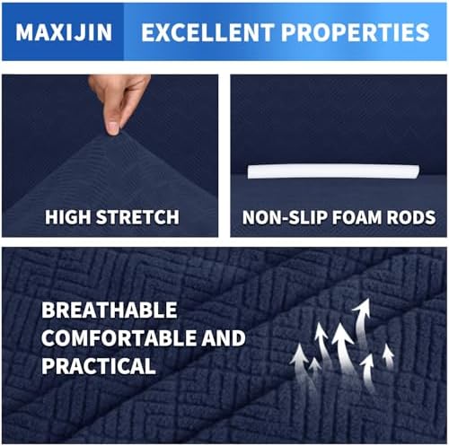 MAXIJIN Loveseat Cover Sofa Covers (55"-69"), 1-Piece Stretch Couch Covers for 2 Cushion Couch Love Seat Slipcover with Elastic Bottom for Kids,Dog (Loveseat, Diamond Pattern Navy Blue) - Image 4