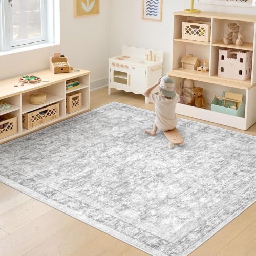 5x7 Area Rugs for Living Room: Washable Vintage Floral Rug Low Pile Non-Slip Boho Carpet for Bedroom Nursery Dining Room (Grey, 5'x7') - Image 5