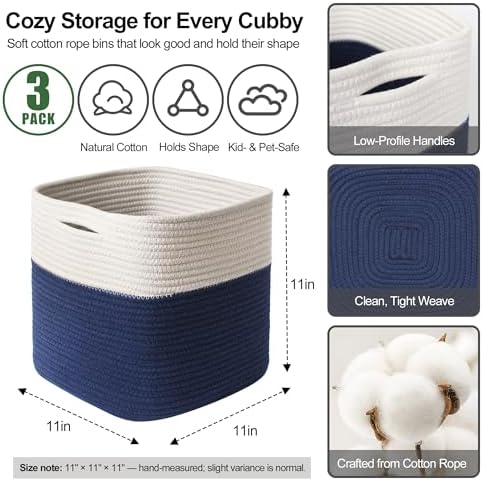 11x11 Cube Storage Bin - 3 Pack Woven Storage Cubes Organizer, 11 Inch Cotton Rope Baskets for Organizing, Decorative Square Shelf Baskets Closet Bins, Toy Boxes for Boy, Dark Blue Decor - Image 2
