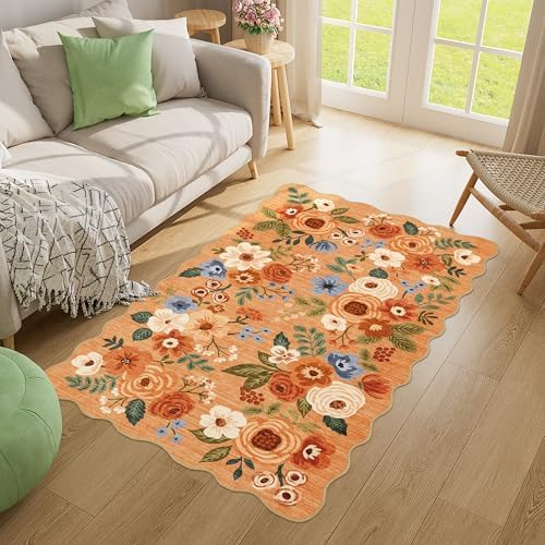 DUKINO 3x5 Area Rugs, Non Slip Floral Washable Rug for Bedroom, Orange - Image 5