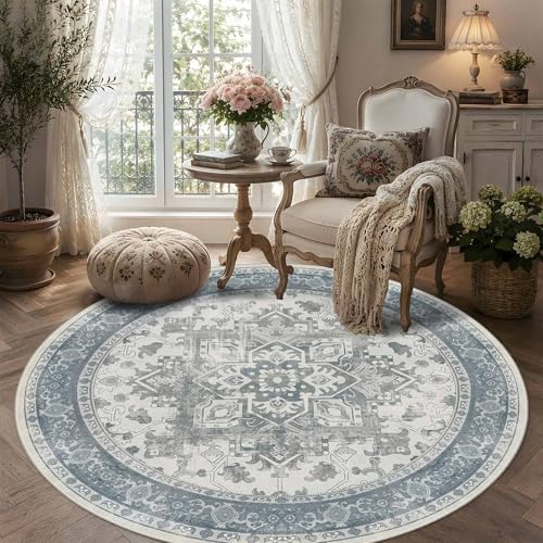 Blue Round Rug for Bedroom, Vintage Circle Rug(6ft) - Image 2