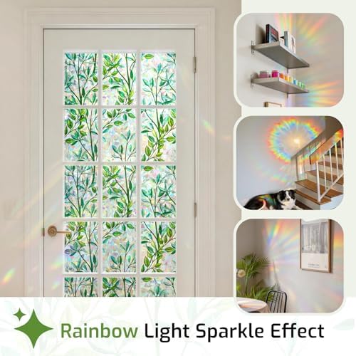 LUTE Stained Glass Window Privacy Film, Rainbow Decorative Cling, Leaf - Image 2