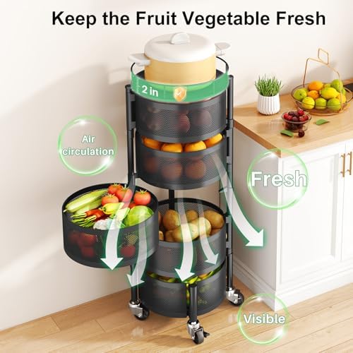 SAYZH 5 Tier Fruit Vegetable Basket Stand for Kitchen, Rotating, Black - Image 3