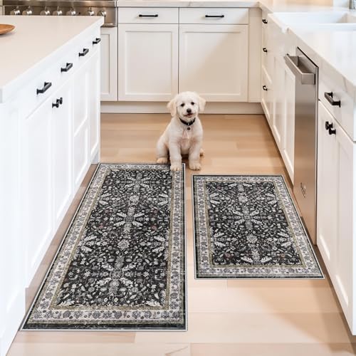 Kitchen Rugs Set of 2 Washable Non Slip – Soft Low Pile Boho Floral Decorative Area Rugs & Runner Mats for Kitchen Floor, Entryway, Hallway, Doorway & Bathroom – Indoor Small Rugs (Black, 2x3+2x4) by BYYVOORugsforYourHome