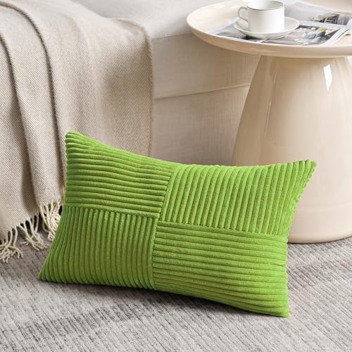Fancy Homi Set of 2 Lime Green Long Lumbar Decorative Throw Pillow Covers 16x24 Inch for Couch Bed Sofa, Modern Farmhouse Boho Home Decor, Soft Striped Corduroy Rectangle Accent Cushion Case 40x60 cm - Image 2