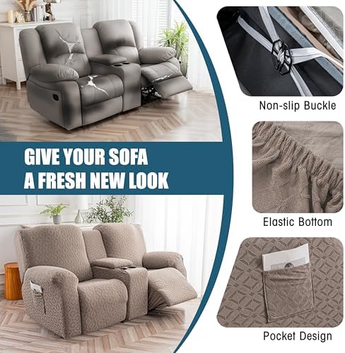Genina Waterproof Recliner Loveseat Cover,2 Seat with Console,Taupe - Image 5