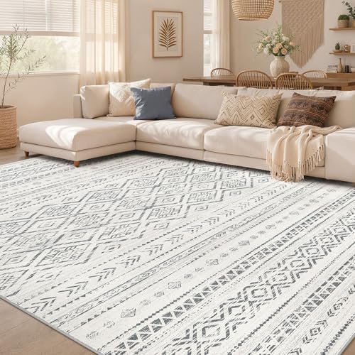 Nakagishi Area Rug Living Room Rugs: 9x12 Large Soft Machine Washable Boho Moroccan FarmNeutral Stain Resistant Indoor Floor Carpet for Bedroom Under Dining Table Home Office Decor-Grey by NakagishiAreaRug