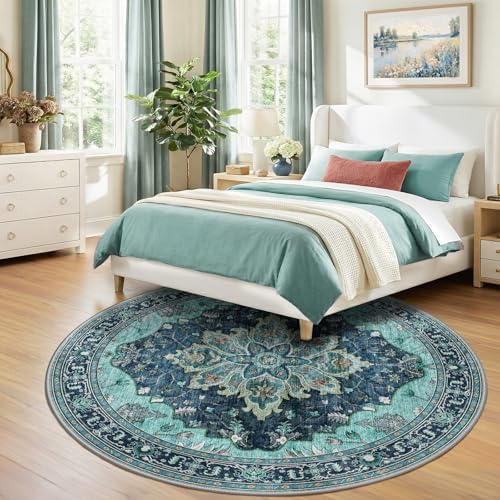 RELEANY Washable Area Rug, Round 8ft, Teal - Image 3