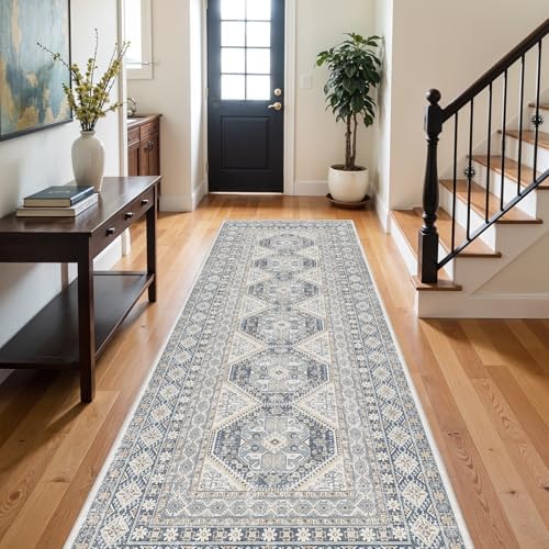 Ksrau 3x10 Runner Rug Washable Vintage: Non Slip Hallway Runners Blue by Ksrau