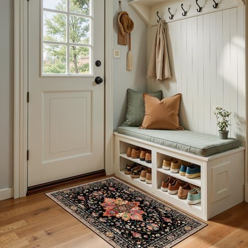 RELEANY Washable Area Rug, Small 2'x4', Black/Colorful by RELEANY