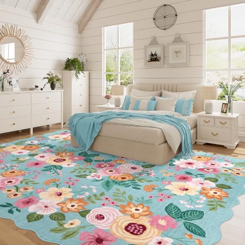 DUKINO 8x10 Area Rug for Living Room, Floral Washable Rug Non Slip, Teal - Image 3