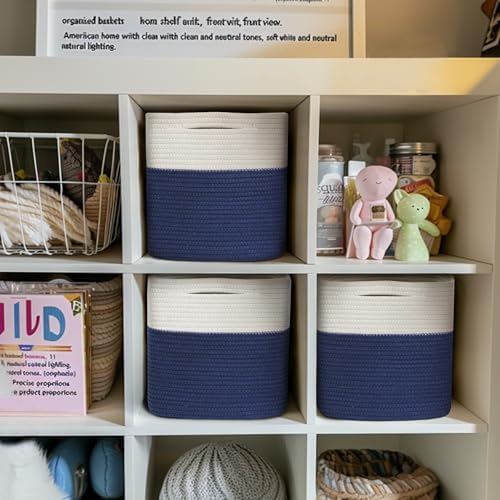 11x11 Cube Storage Bin - 3 Pack Woven Storage Cubes Organizer, 11 Inch Cotton Rope Baskets for Organizing, Decorative Square Shelf Baskets Closet Bins, Toy Boxes for Boy, Dark Blue Decor - Image 3