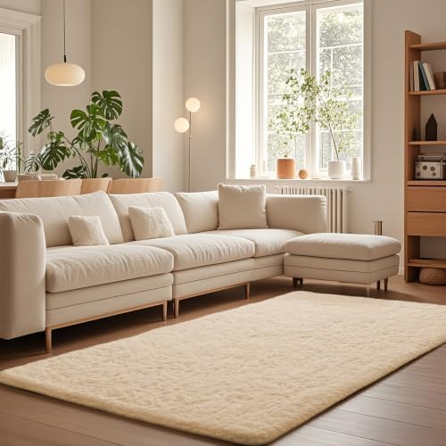 Ophanie Beige Rugs for Living Room Bedroom, 5x8 Fluffy Fuzzy Furry Carpet, Plush Soft Shaggy Bedside Indoor Floor Area Rug for Kids Nursery Home Decor with Over 99 pcs Pile fibers by Ophanie