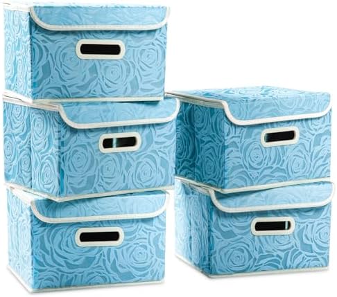 PRANDOM Collapsible Storage Boxes with Lids [5-Pack] Fabric Decorative Storage Bins Cubes Organizer Containers Baskets with Cover Handles Divider for Bedroom Closet Living Room Blue 9.8x7.9x6.7 Inch by Prandom