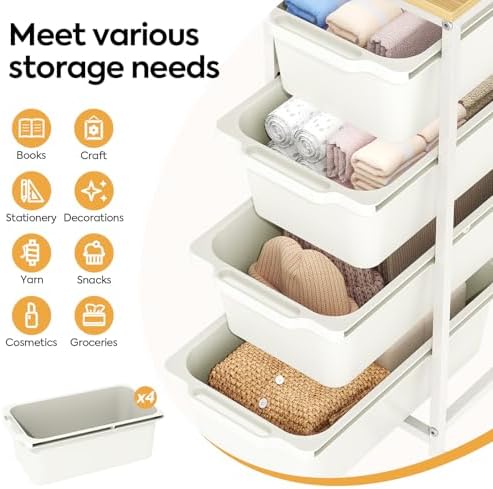 KINGBOARD Slim Rolling Cart with 4 Drawers, Metal Utility Storage Cart | Wooden Tabletop, Lockable Wheels, Table Side Trolley for Bedroom, Children's Room and Office Organization, White - Image 3