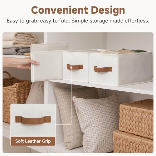 StorageWorks Closet Storage Bins with PU Handles, Ivory White, Small - Image 4