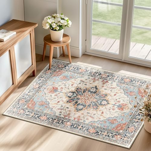 RELEANY Washable Area Rug, Small 2'x3', Beige/Blue/Orange by RELEANY