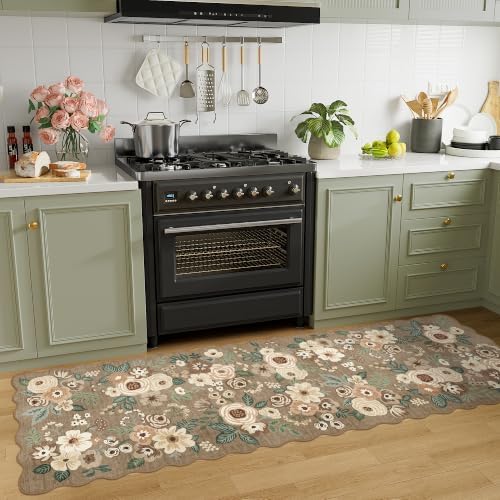 DUKINO 2.6x8 Runner Rug, Floral Washable Kitchens Rug Non Slip Light Taupe - Image 3