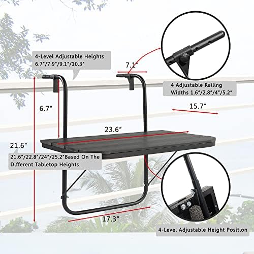 Balcony Table Hanging Deck Railing Table Outdoor Balcony Bar Tables for Railings Aluminium Folding Adjustable for Patio Deck Garden Baluster Windows 23.6" x 15.7", All Weather Space Saving Black - Image 2